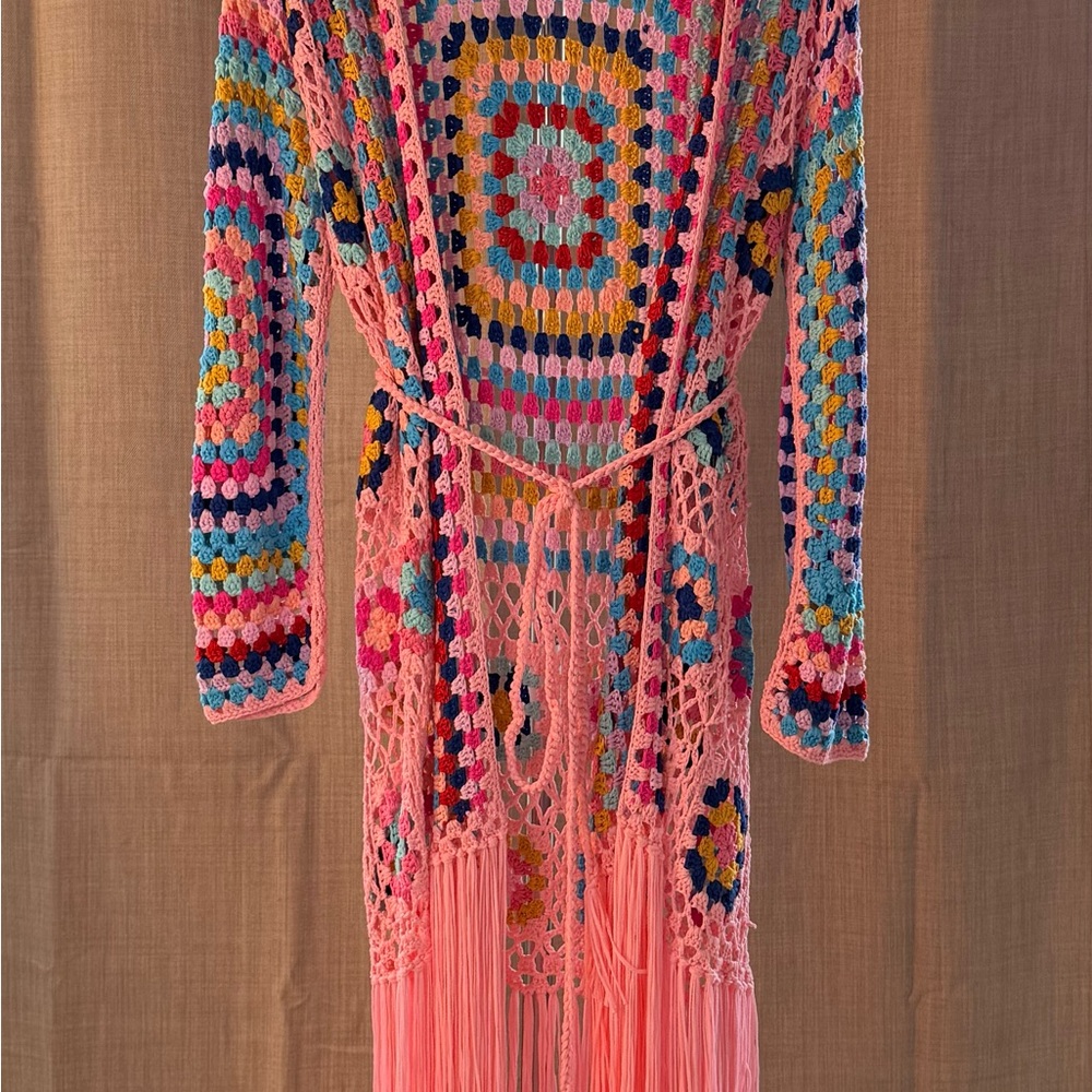 Handmade Crochet Fringe Duster Kimono – Pink Multicolor – One Size